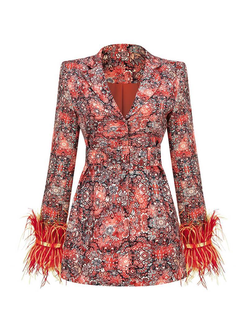 V-Neck Long Sleeve Floral Feather Trim Wrap Mini Dress