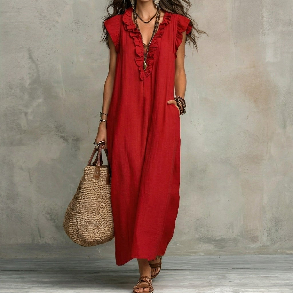 V-Neck Ruffle Trim Sleeveless Loose Pocket Maxi Dress 12