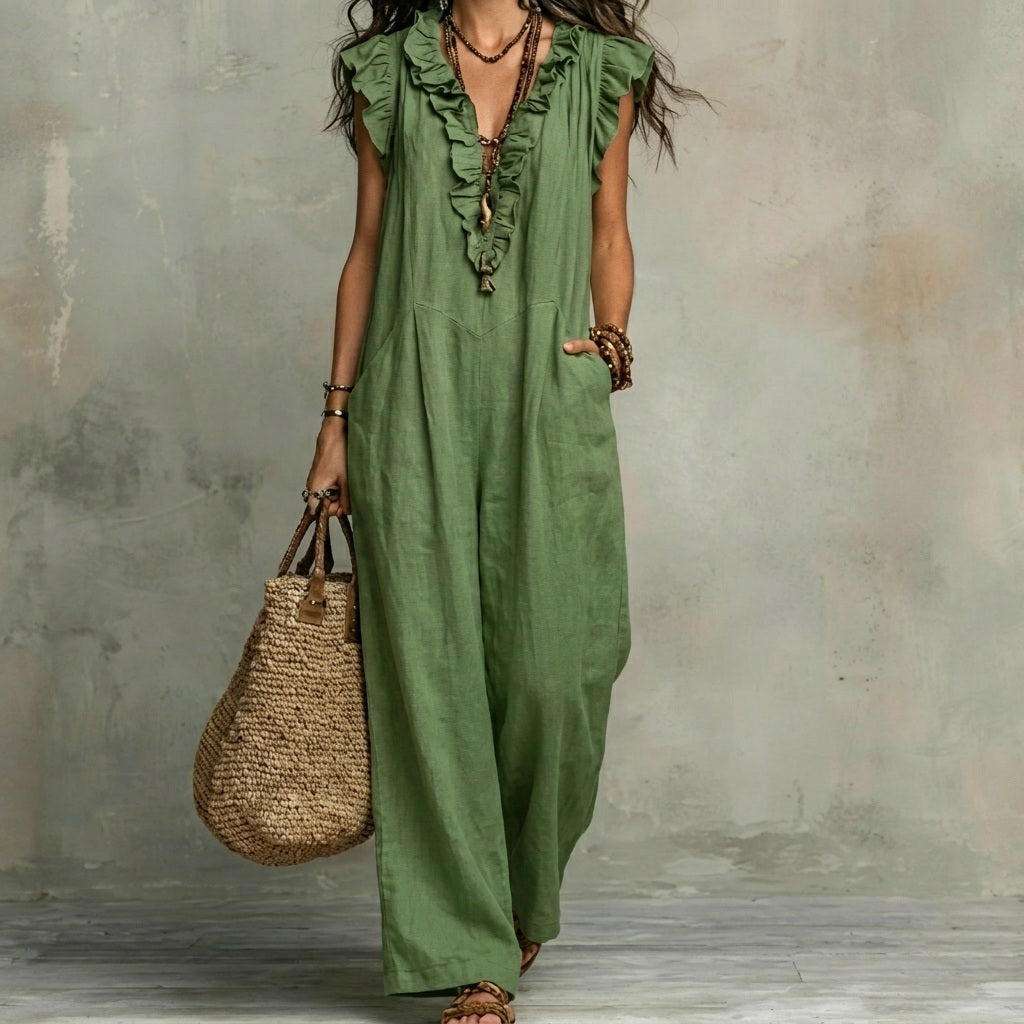V-Neck Ruffle Trim Sleeveless Loose Pocket Maxi Dress 6