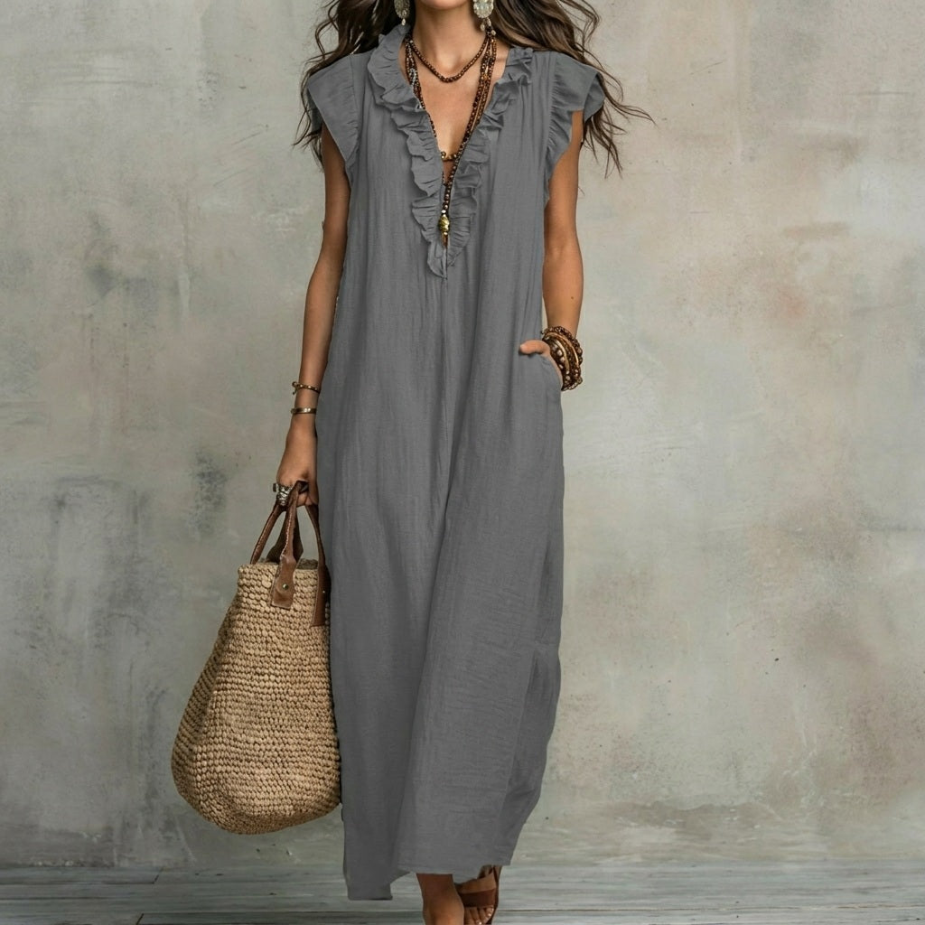 V-Neck Ruffle Trim Sleeveless Loose Pocket Maxi Dress 7