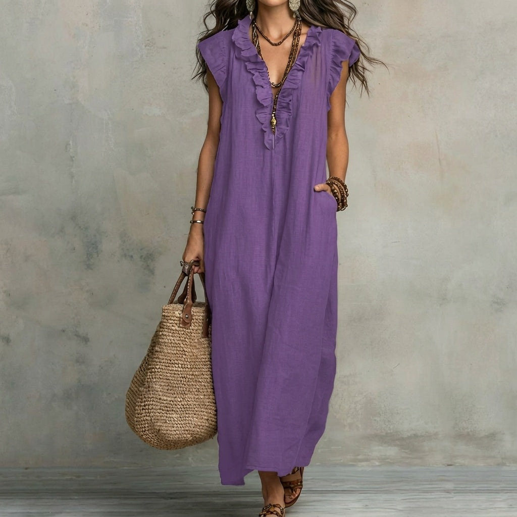 V-Neck Ruffle Trim Sleeveless Loose Pocket Maxi Dress 8