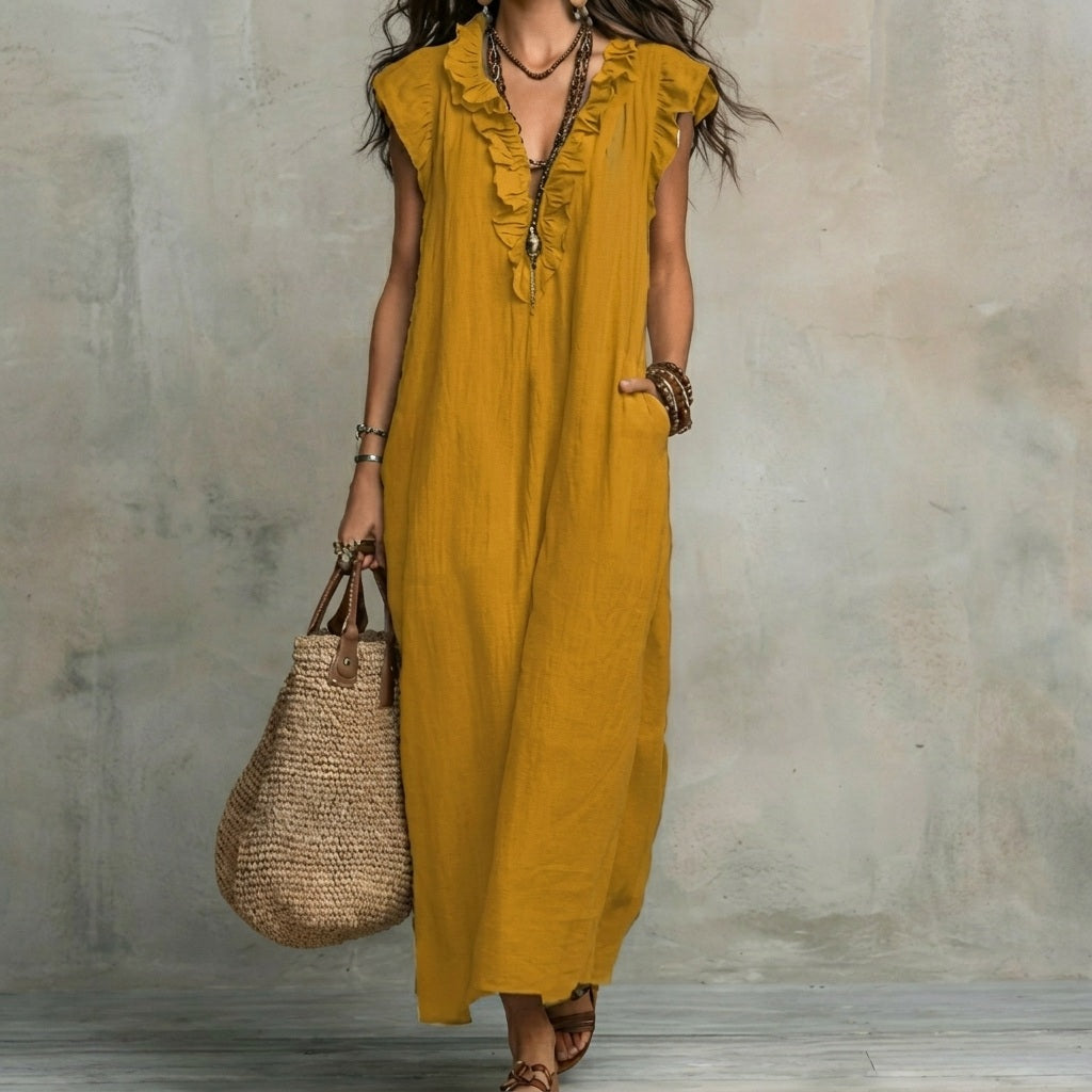 V-Neck Ruffle Trim Sleeveless Loose Pocket Maxi Dress 9