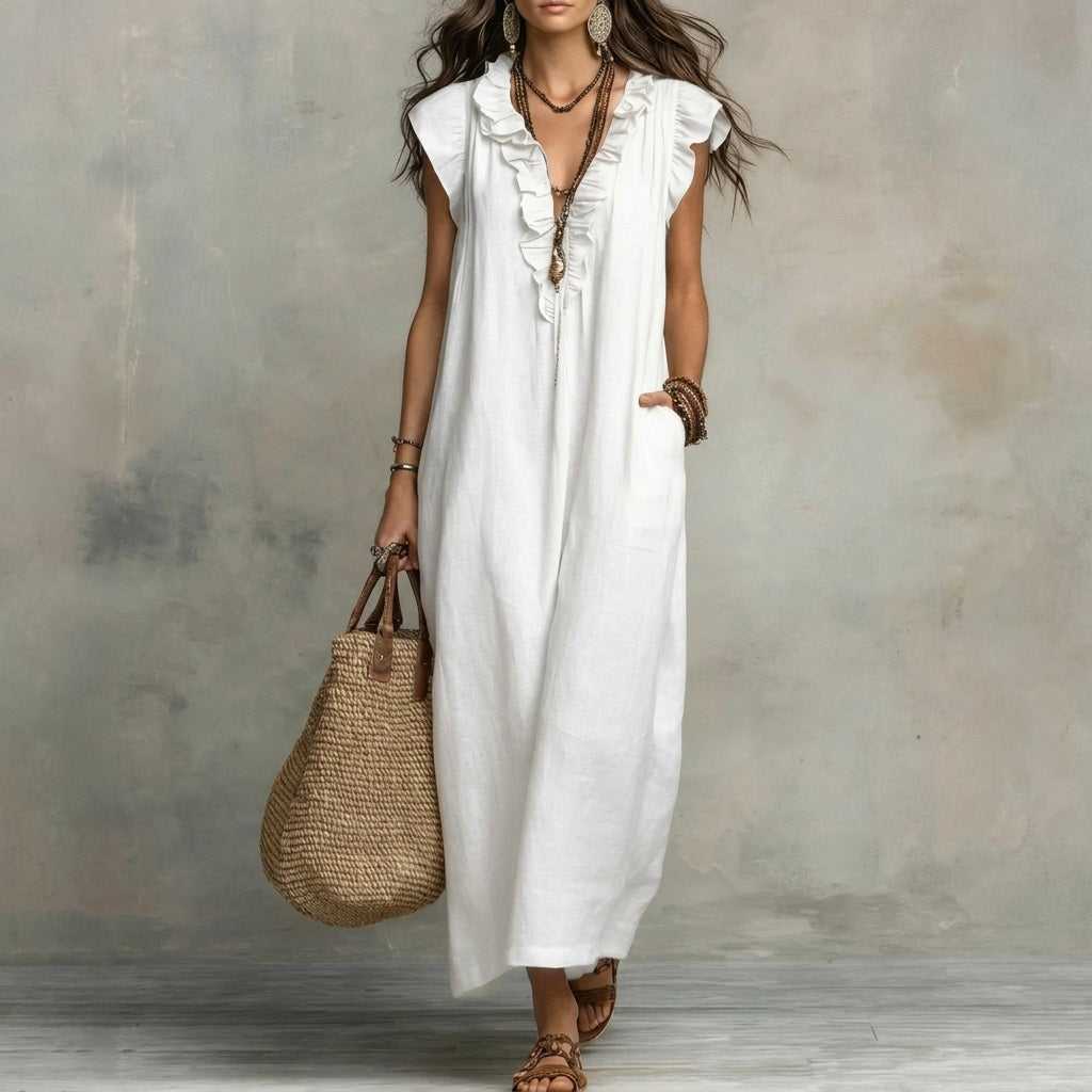 V-Neck Ruffle Trim Sleeveless Loose Pocket Maxi Dress 4