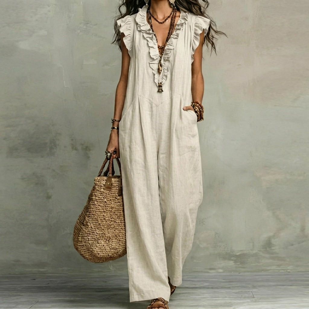 V-Neck Ruffle Trim Sleeveless Loose Pocket Maxi Dress 10