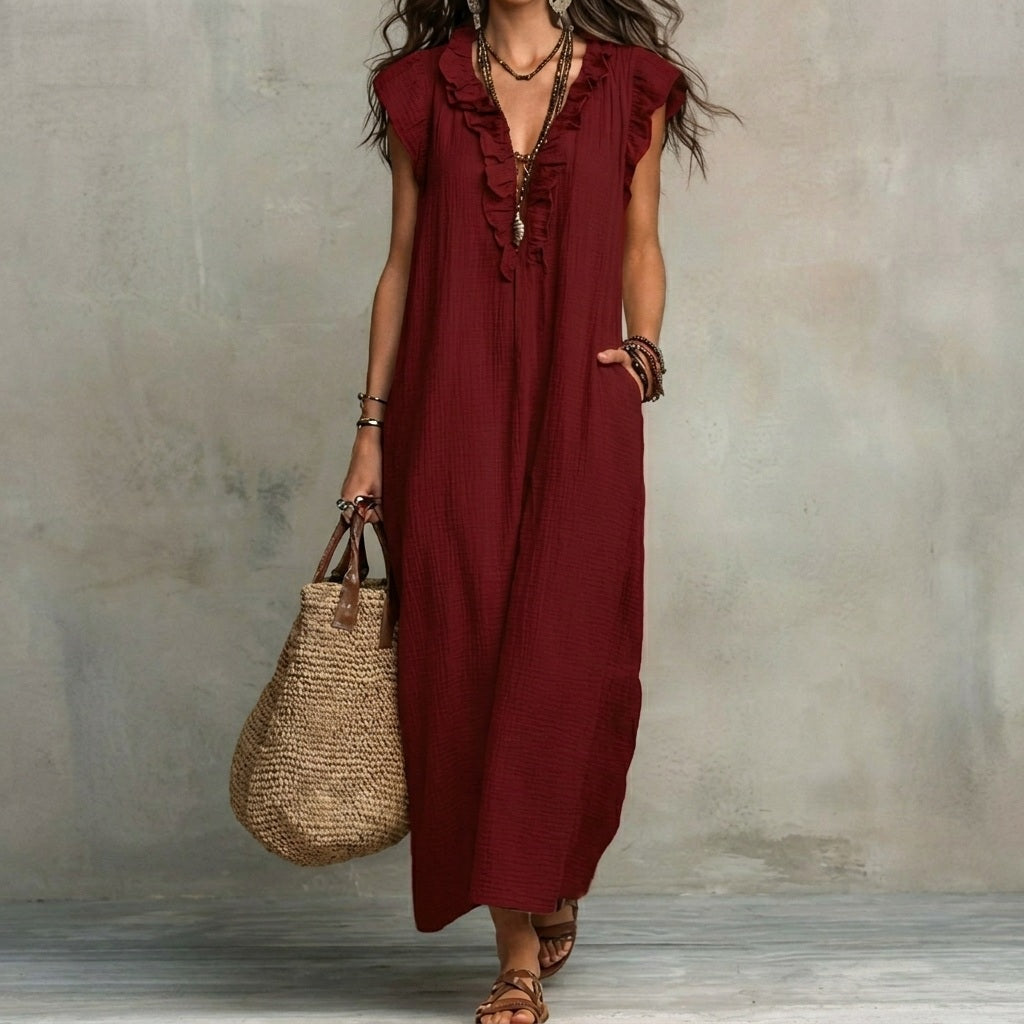 V-Neck Ruffle Trim Sleeveless Loose Pocket Maxi Dress 11