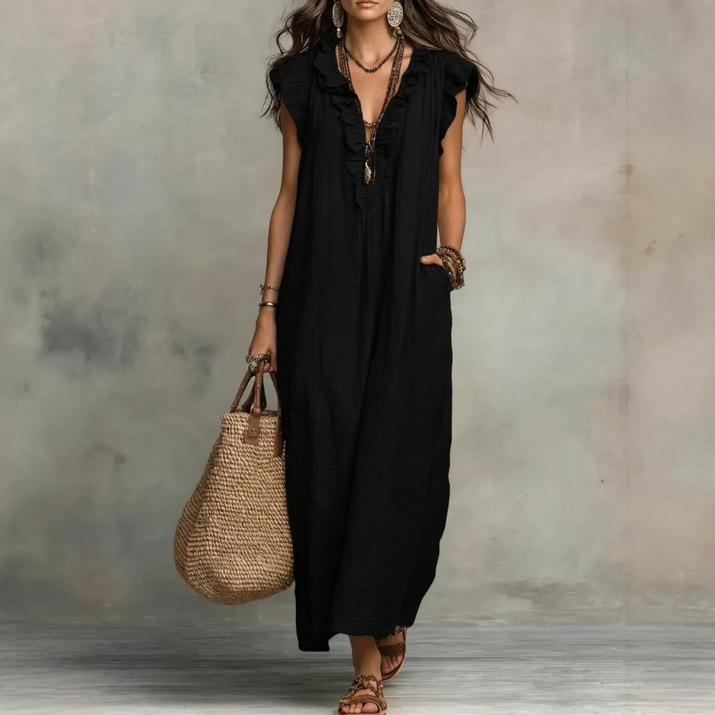V-Neck Ruffle Trim Sleeveless Loose Pocket Maxi Dress