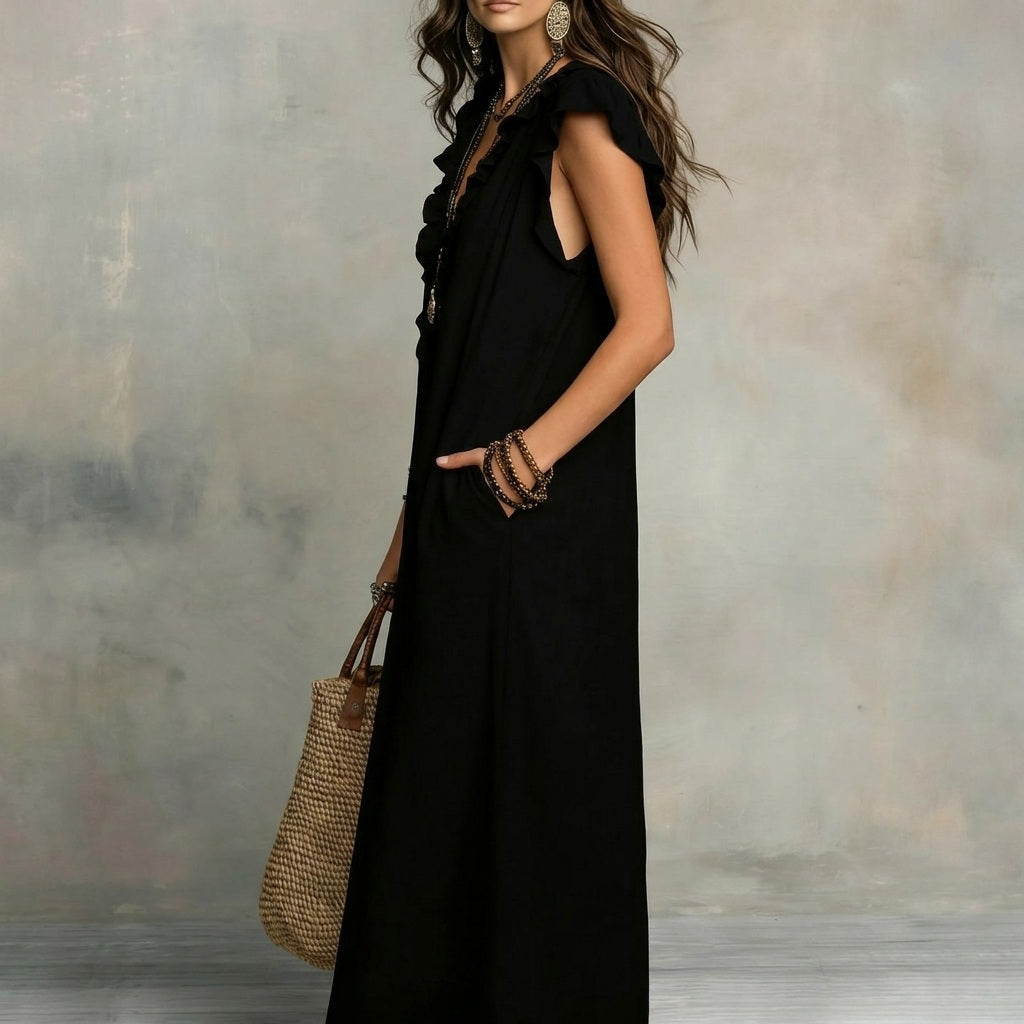 V-Neck Ruffle Trim Sleeveless Loose Pocket Maxi Dress 2