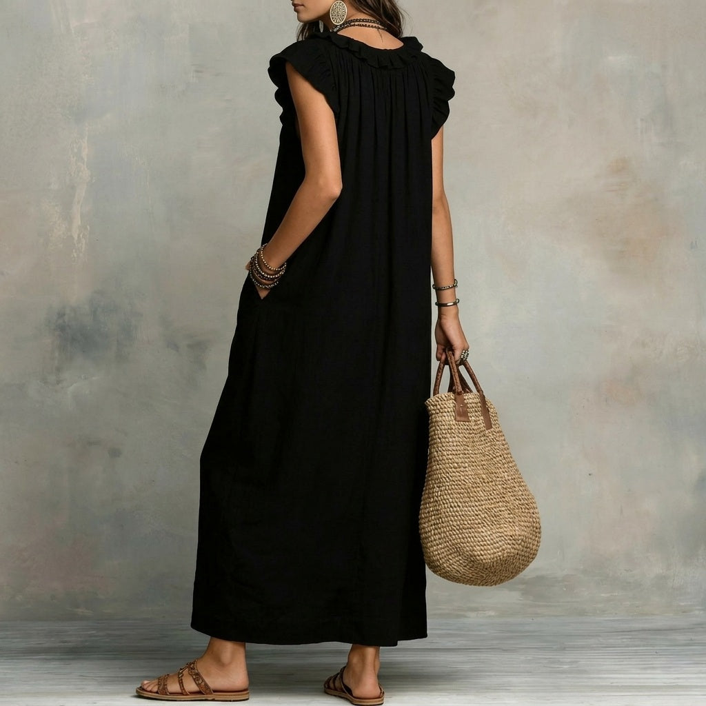 V-Neck Ruffle Trim Sleeveless Loose Pocket Maxi Dress 3
