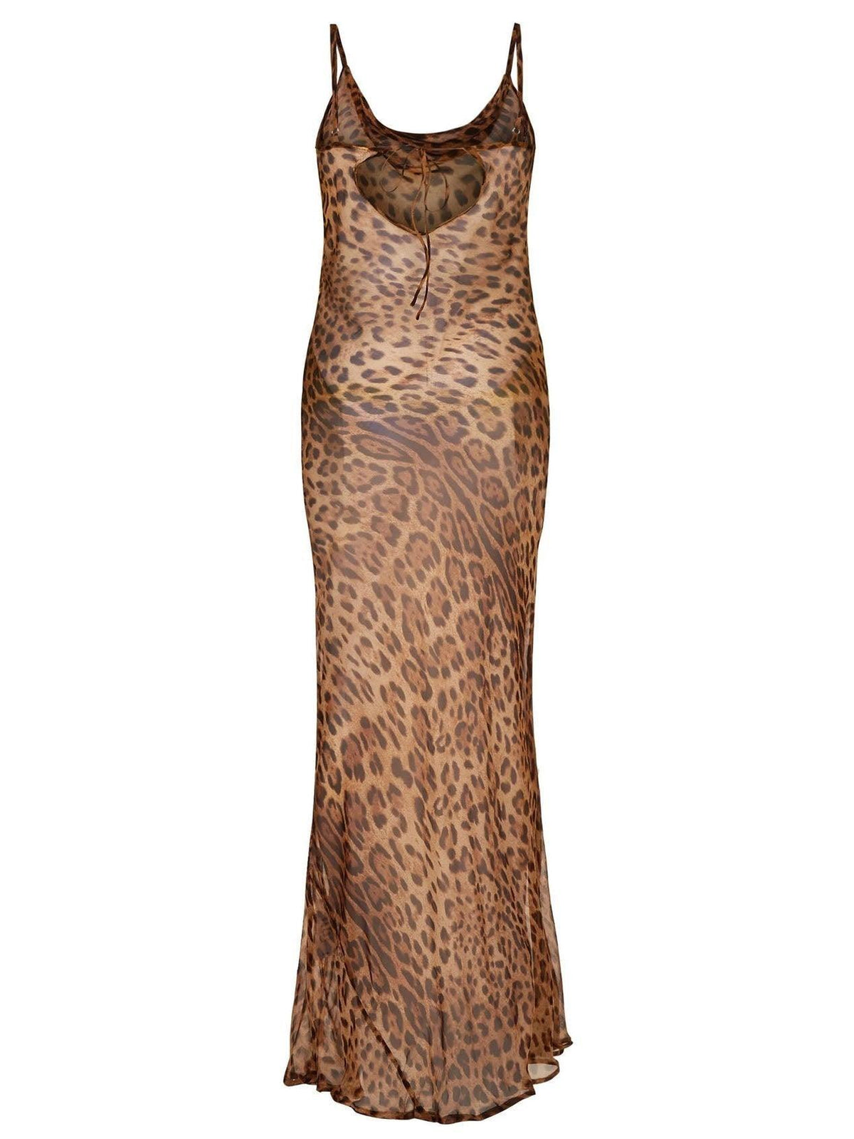Spaghetti Strap Leopard Print Cowl Neck Bodycon Maxi Dress