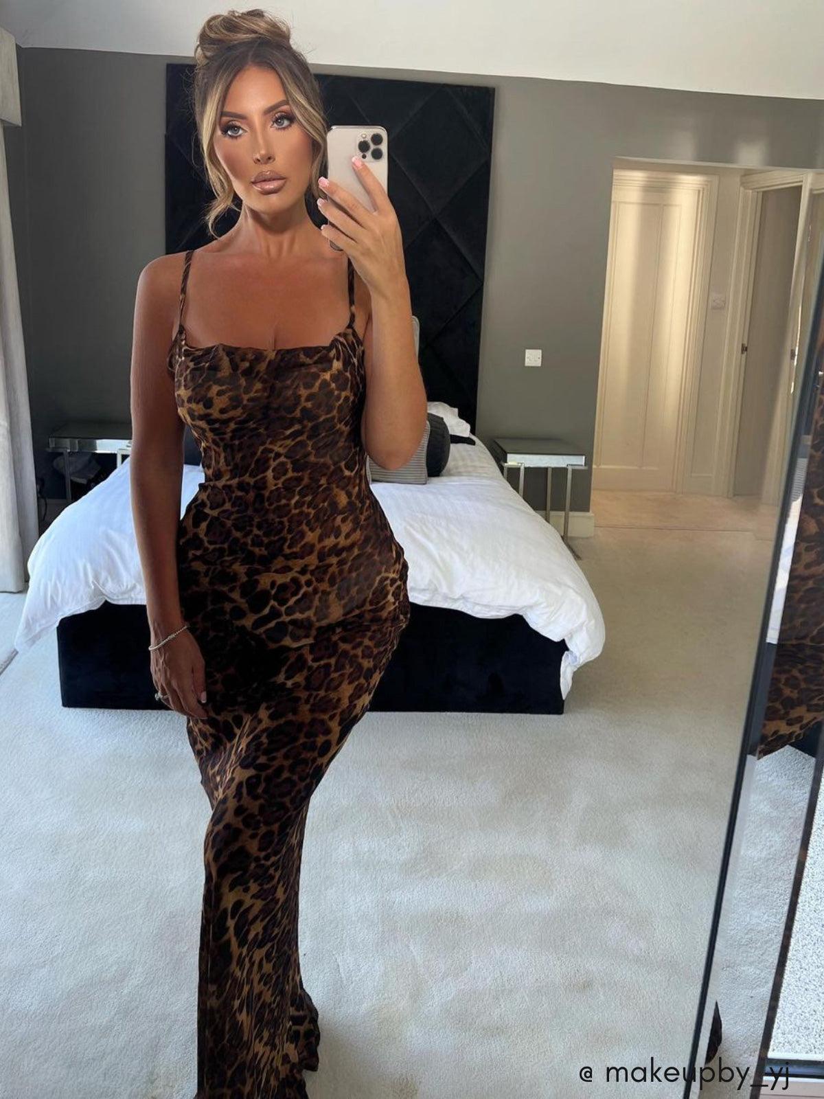Spaghetti Strap Leopard Print Cowl Neck Bodycon Maxi Dress
