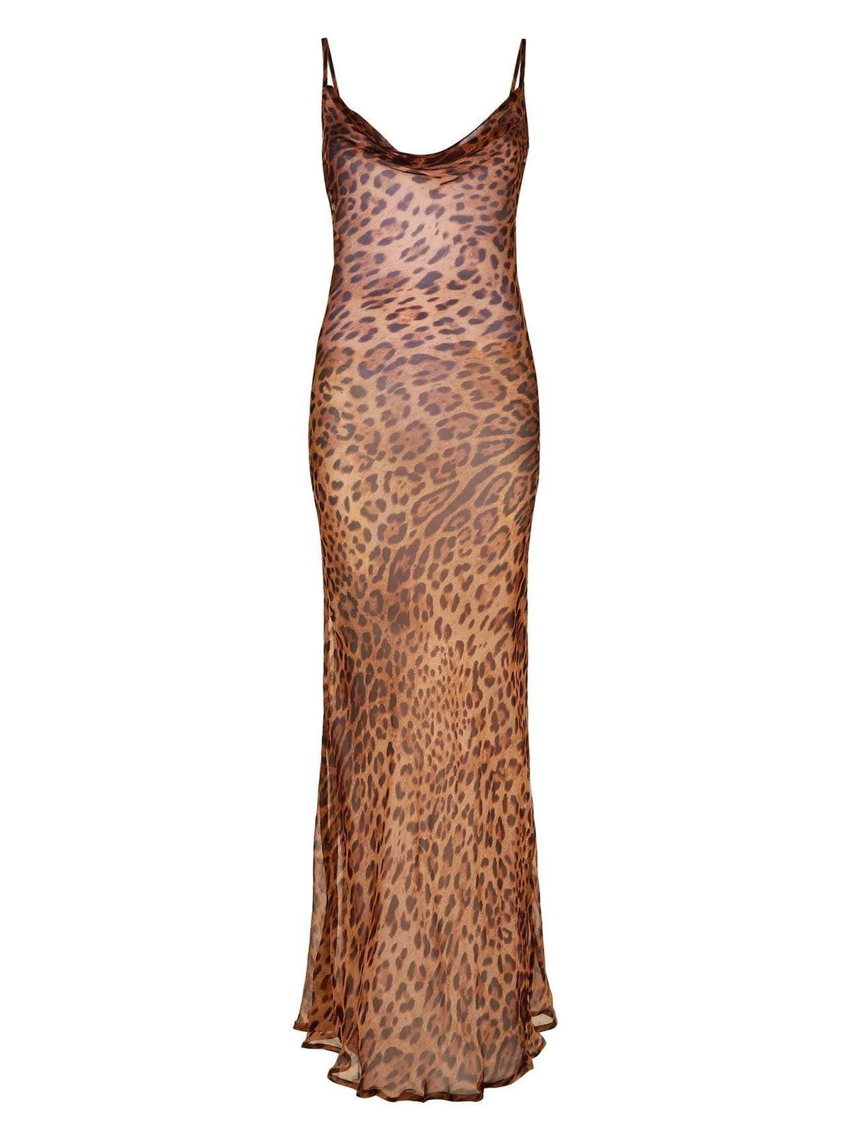 Spaghetti Strap Leopard Print Cowl Neck Bodycon Maxi Dress