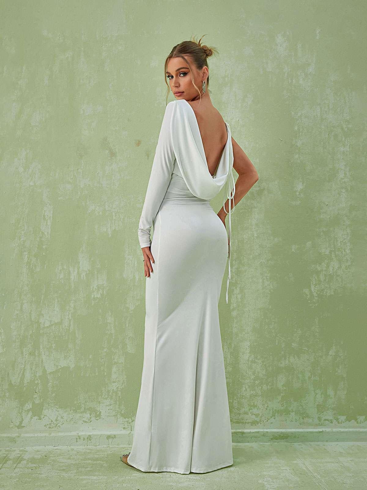 Long Sleeve Draped Cowl Back Backless Mermaid Maxi Dress