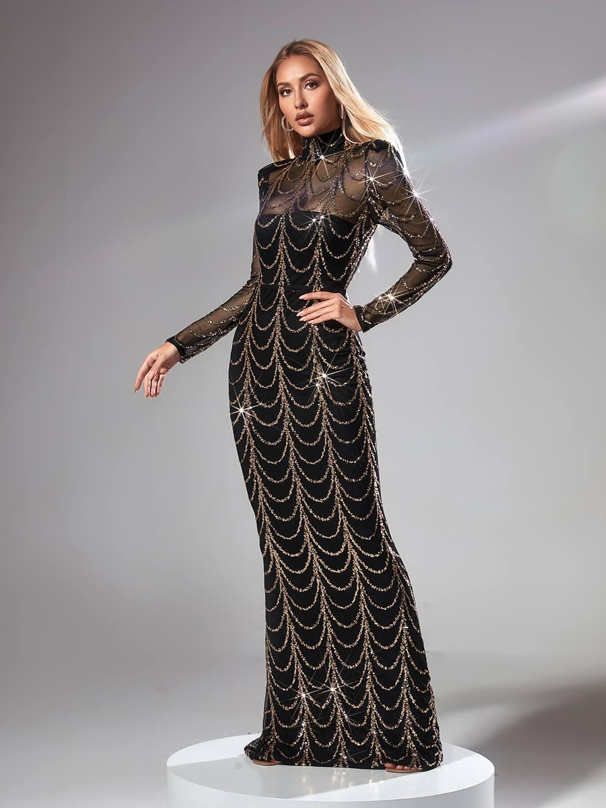 High Neck Long Sleeve Sequin Draped Illusion Mermaid Maxi Dress