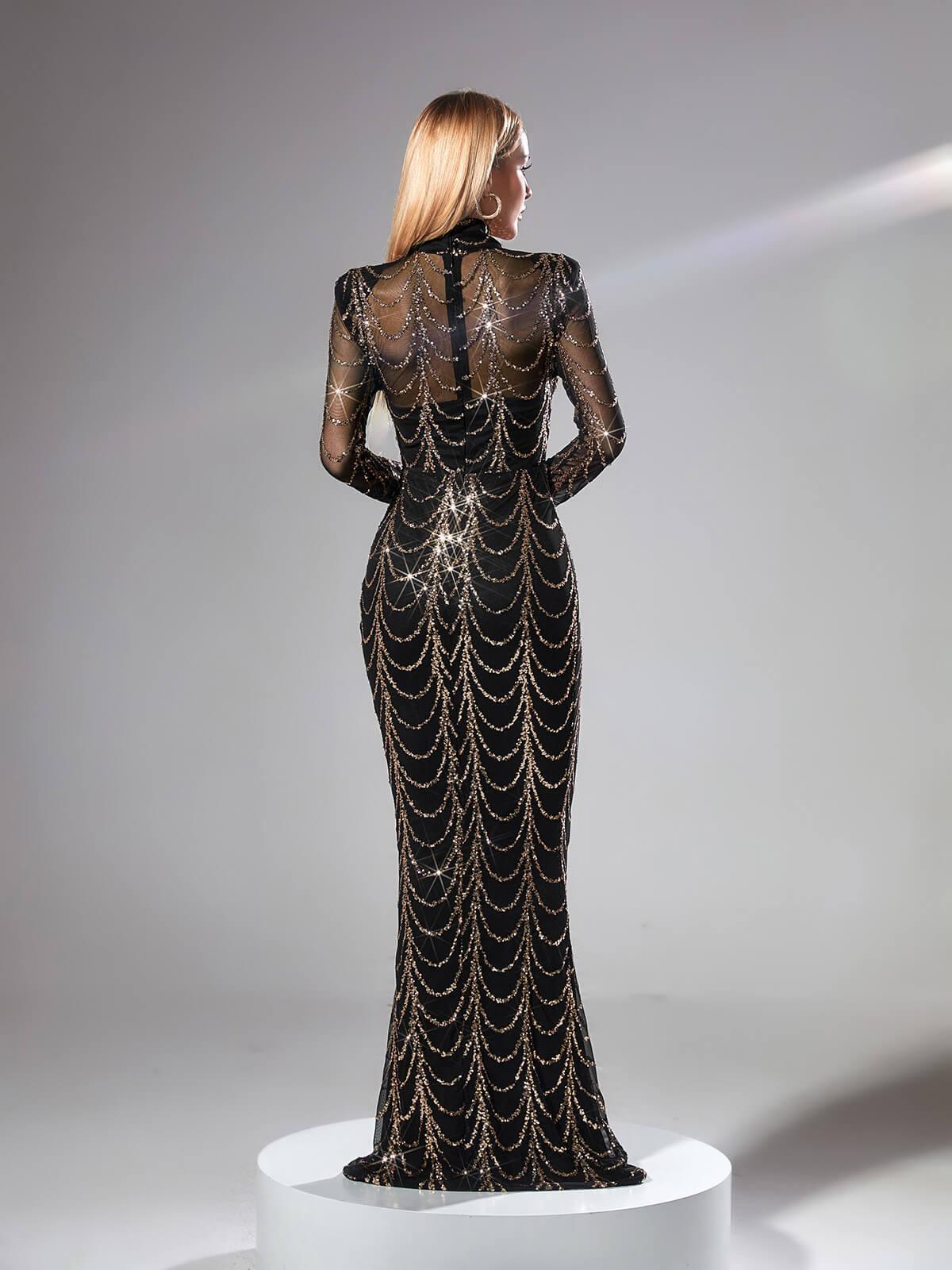 High Neck Long Sleeve Sequin Draped Illusion Mermaid Maxi Dress