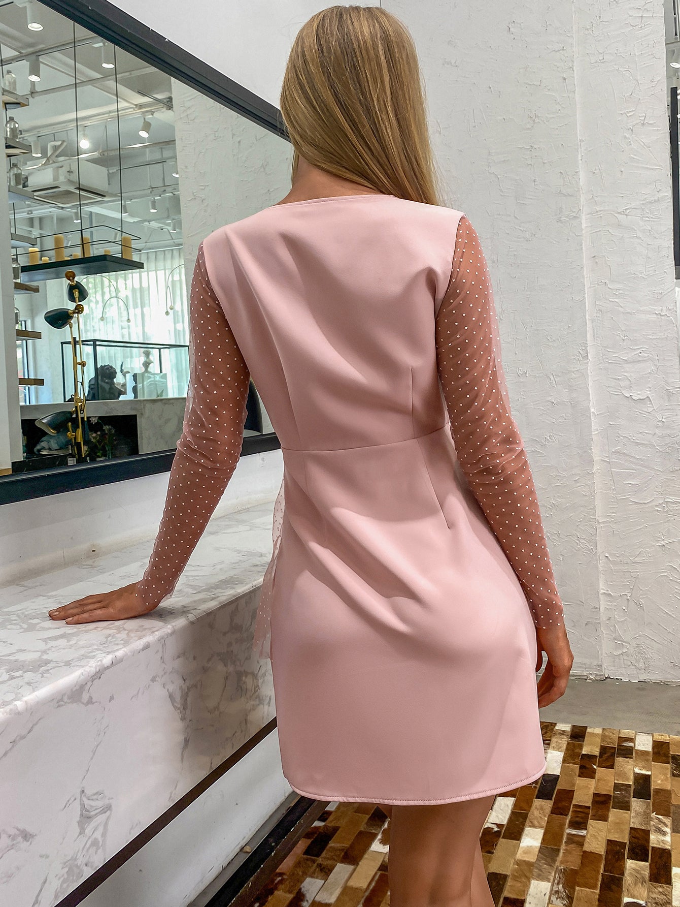 Mesh Sleeve Double Button Wrap Dress