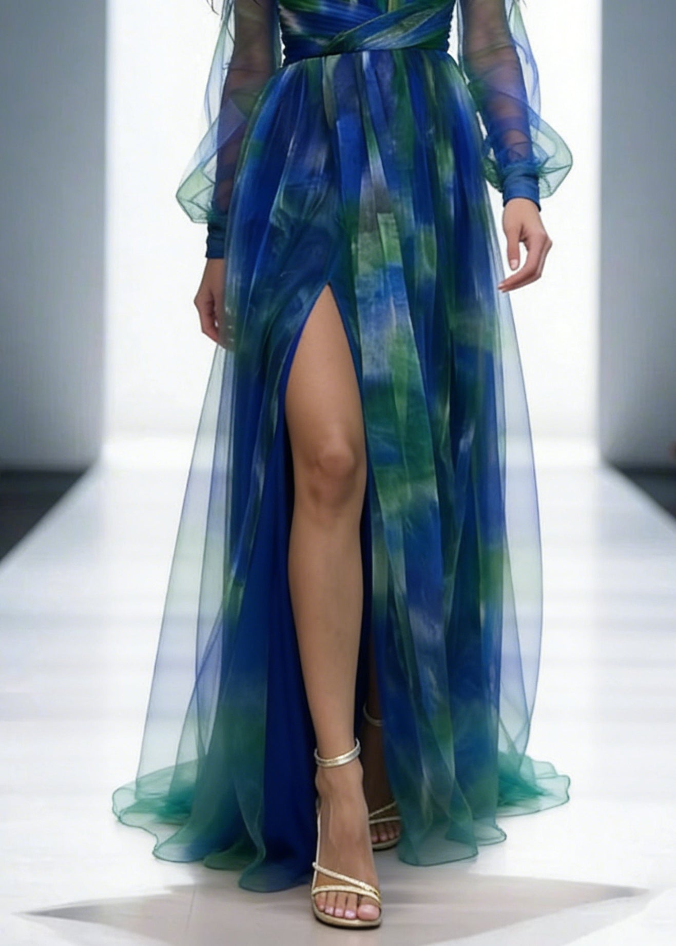 Mesh Tulle Floral Off Shoulder Pleated Slit Evening Maxi Dress1