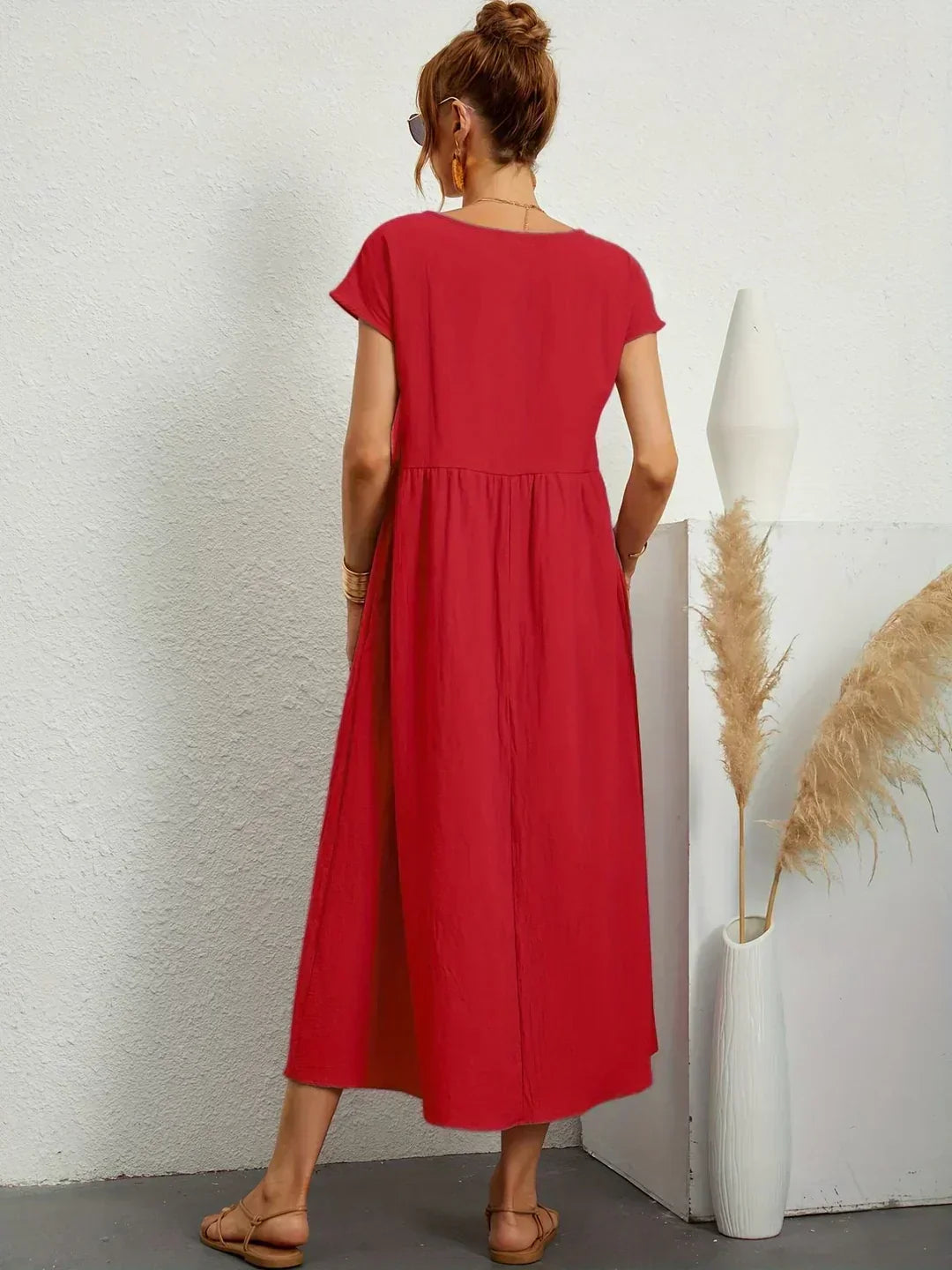 Round Neck Short Sleeve Empire Waist Flowy Maxi Dress 17