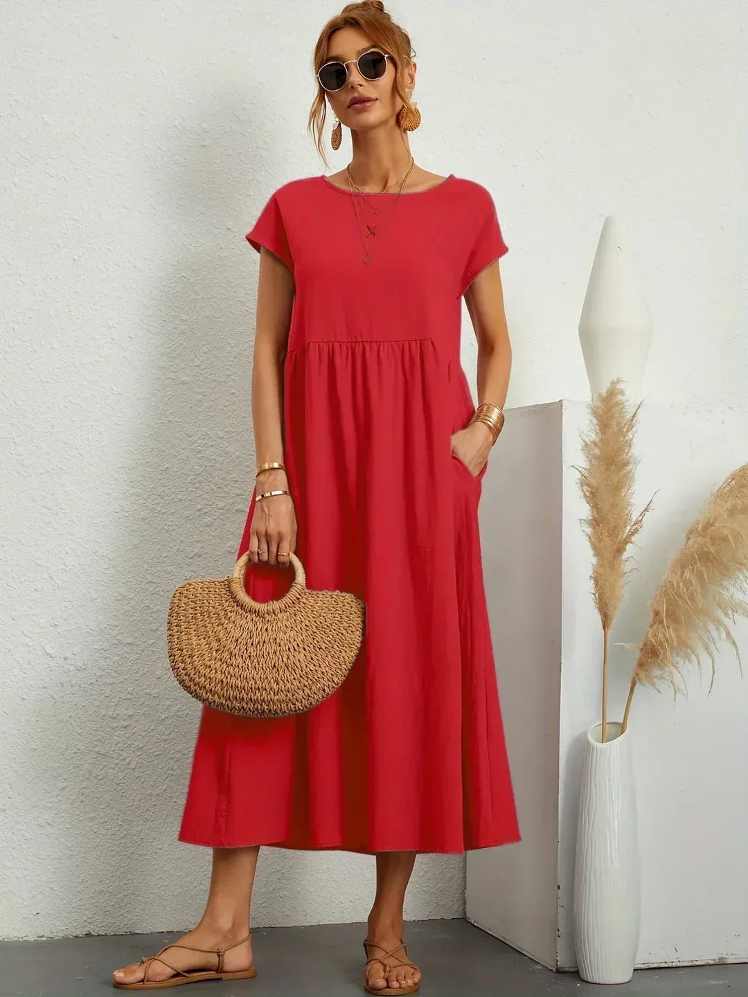 Round Neck Cap Sleeve Linen Dropped Waist Pocket A-Line Midi Dress