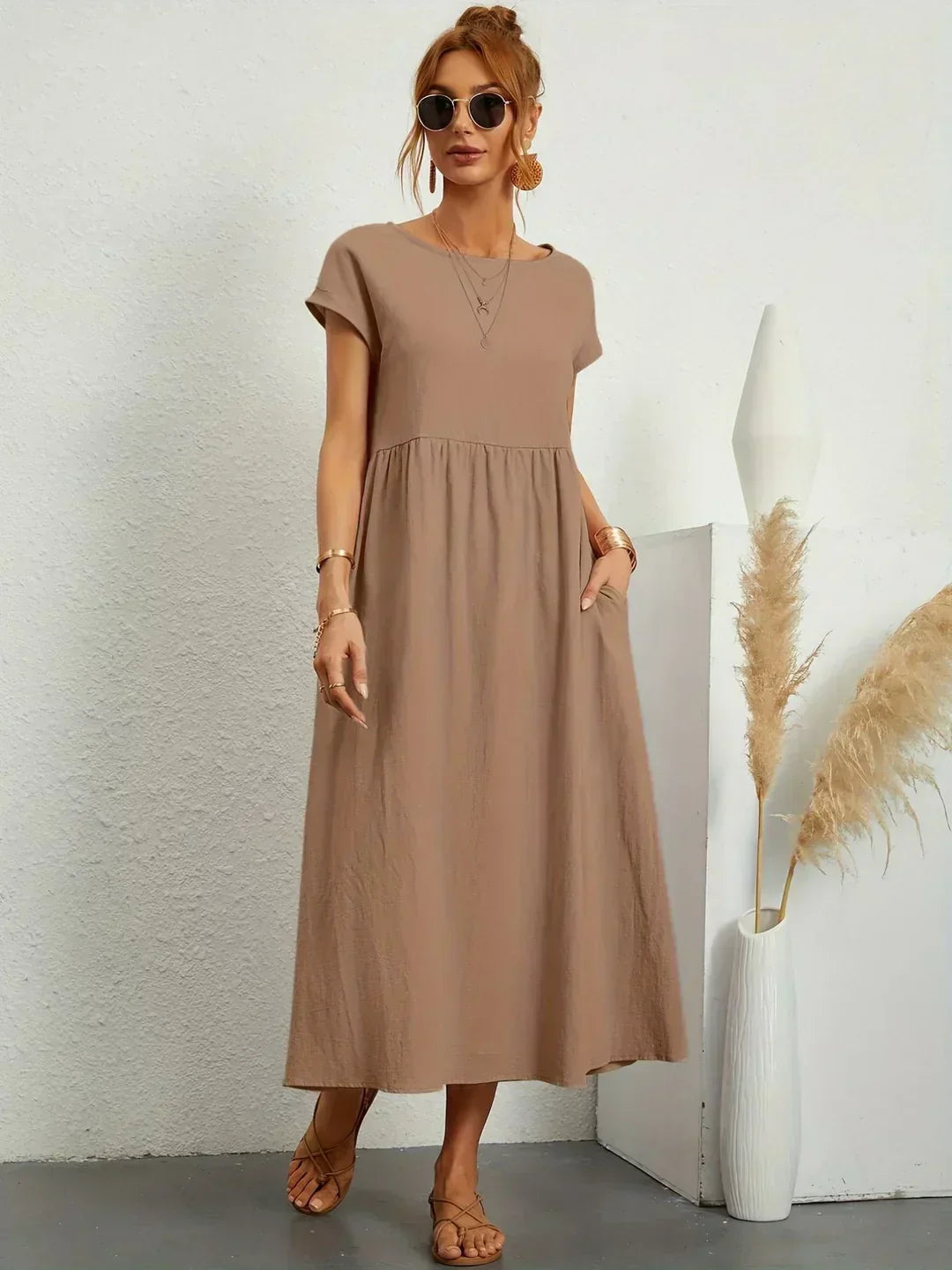 Round Neck Short Sleeve Empire Waist Flowy Maxi Dress 14