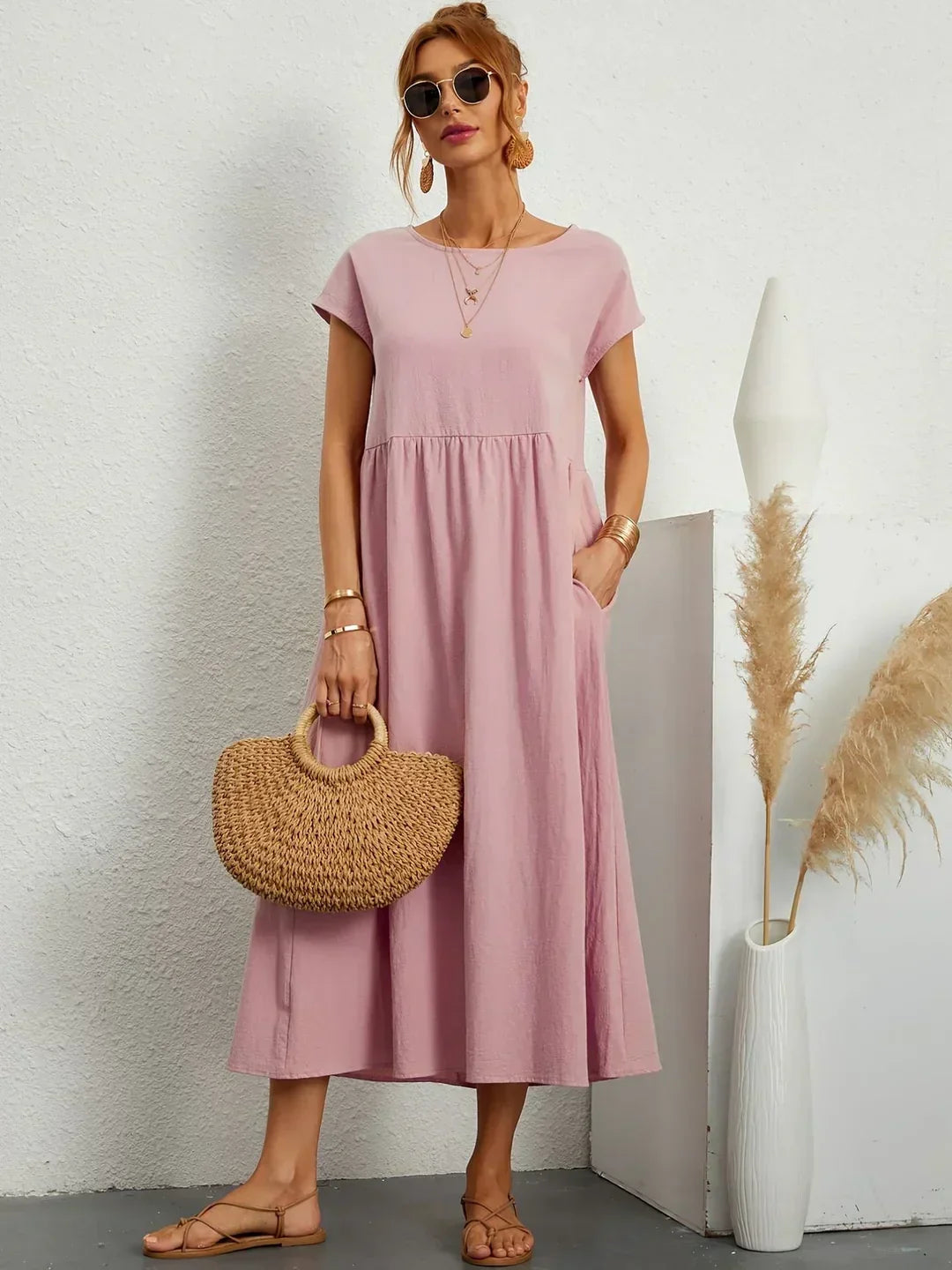 Round Neck Cap Sleeve Cotton Pocket Babydoll Midi Dress