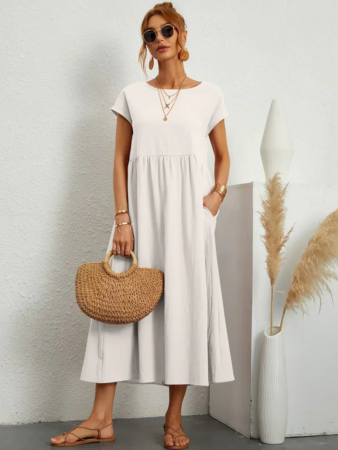 Round Neck Cap Sleeve Cotton Pocket Babydoll Midi Dress