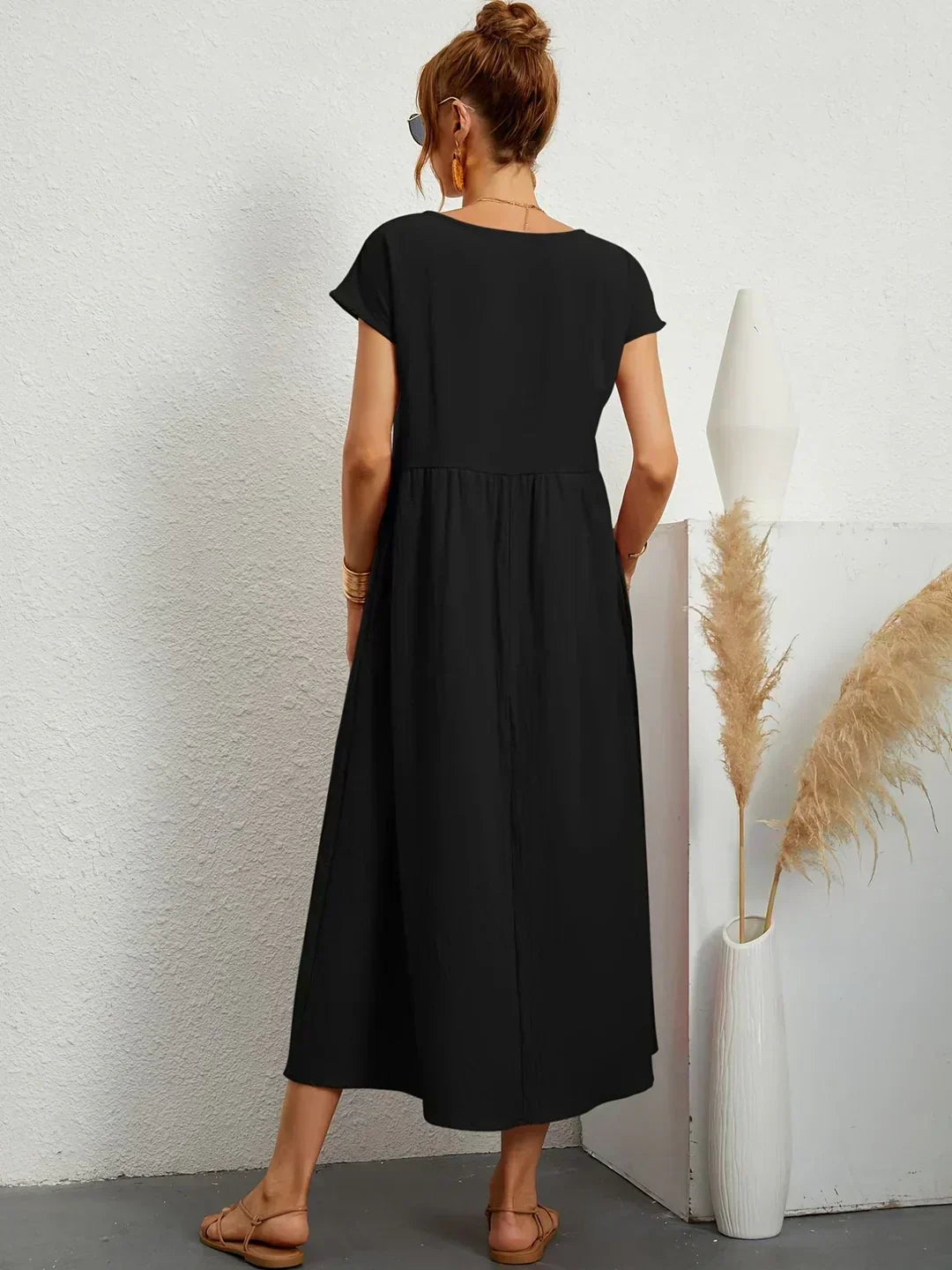 Round Neck Short Sleeve Empire Waist Flowy Maxi Dress 9