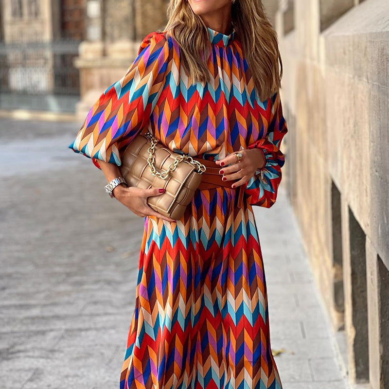 Mock Neck Chevron Print Puff Sleeve Belted A-Line Midi Dress