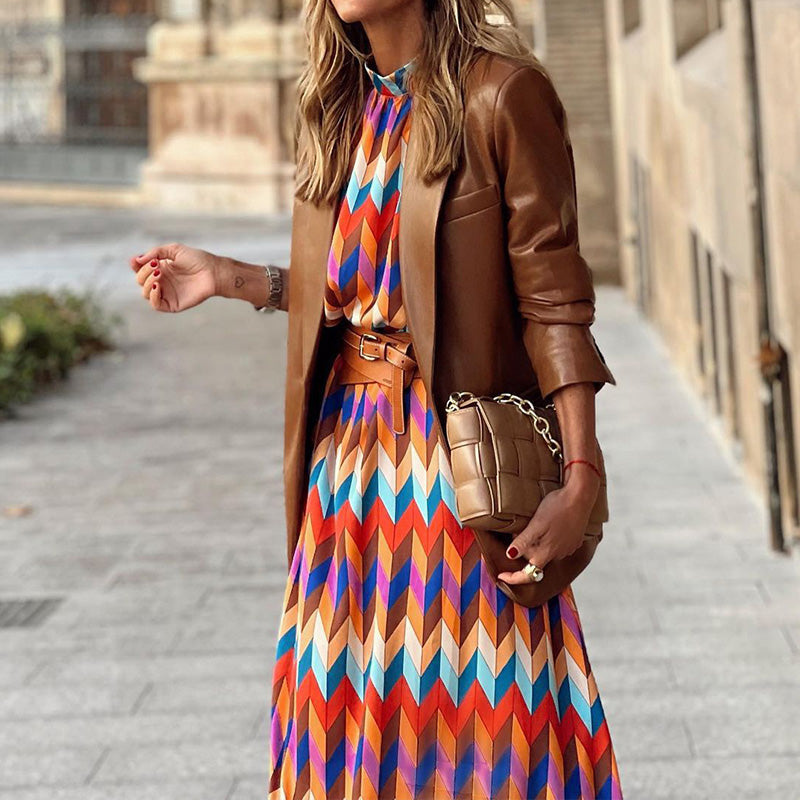 Mock Neck Chevron Print Puff Sleeve Belted A-Line Midi Dress 2