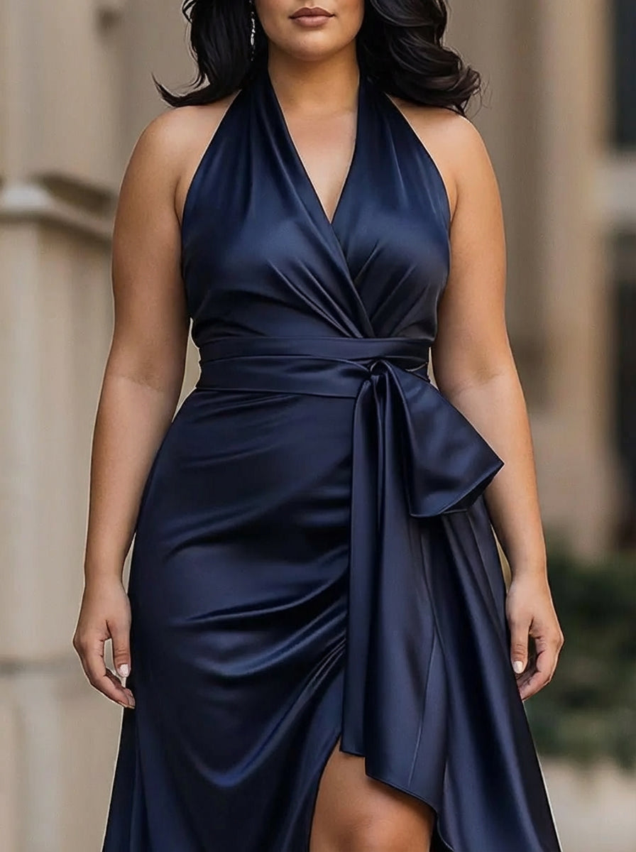 Halter Satin Wrap Tie Waist Ruched High-Low Maxi Dress 3