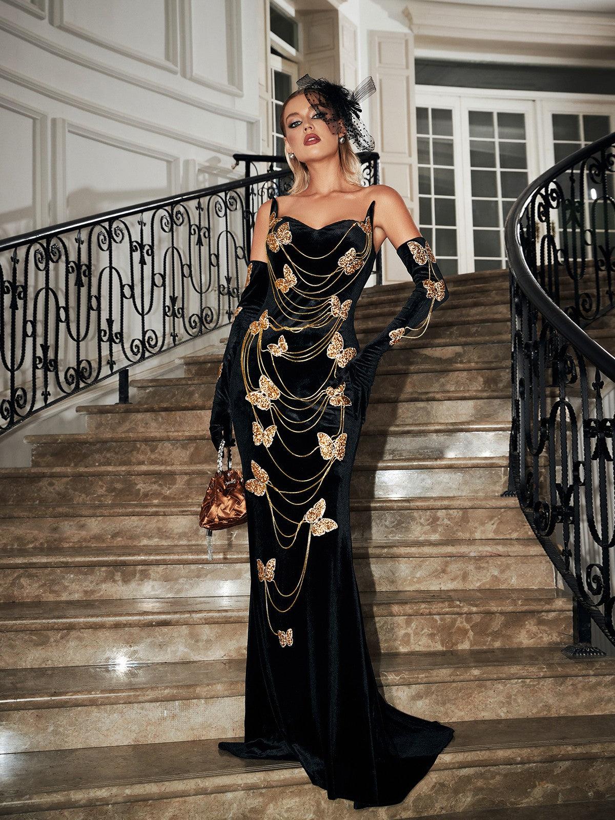 Butterfly Chain Embellished Velvet Dress