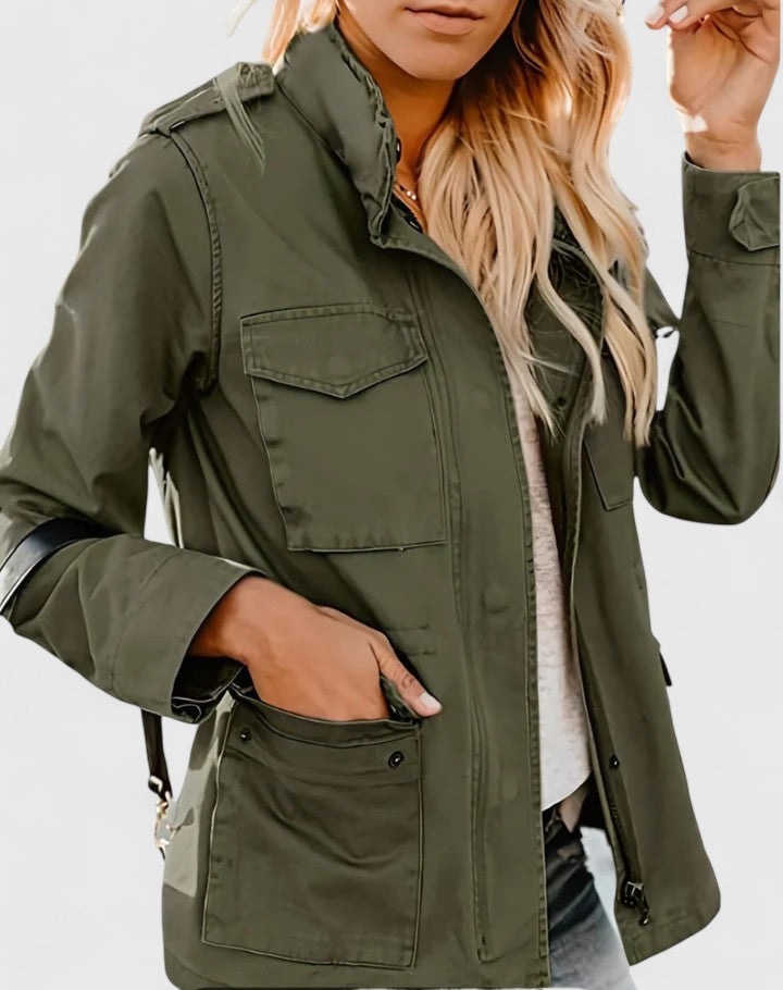Stand Collar Zip Front Flap Pocket Utility Jacket 3