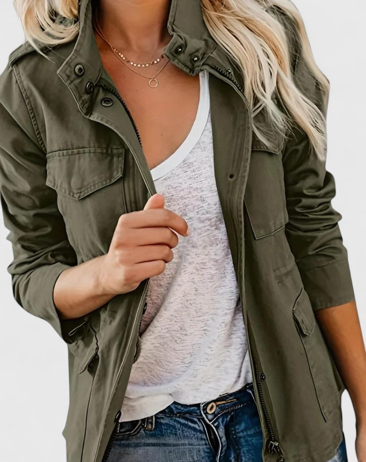 Stand Collar Zip Front Flap Pocket Utility Jacket 4