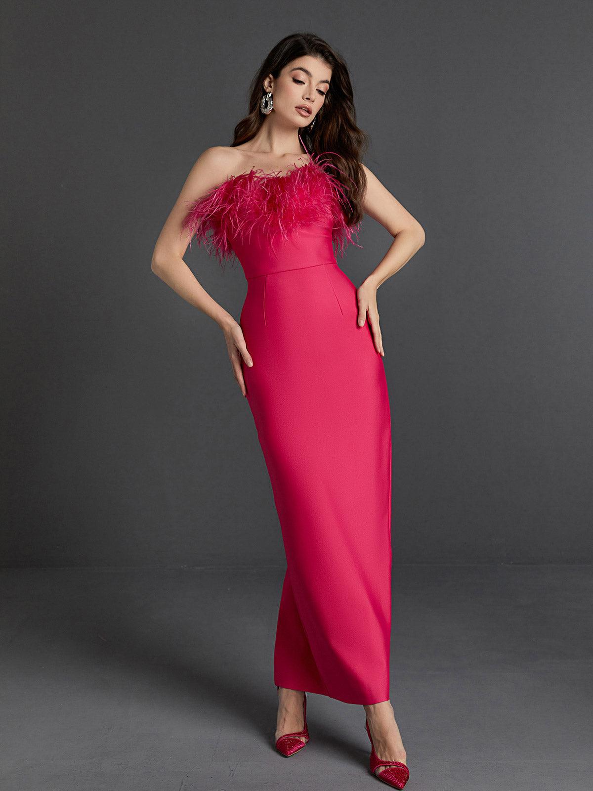 Strapless Feather Trim Bandage Bodycon Maxi Dress