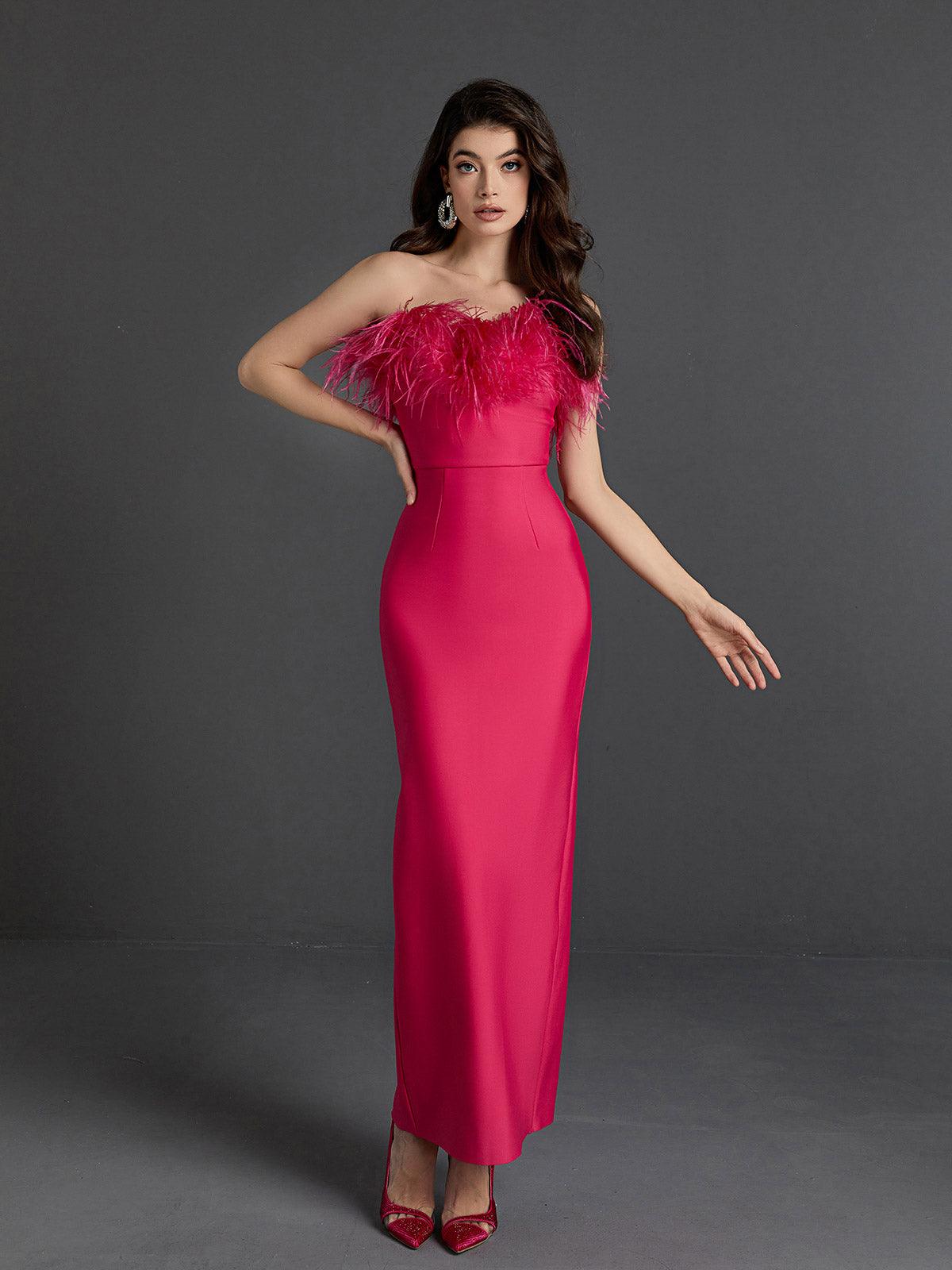 Strapless Feather Trim Bandage Bodycon Maxi Dress