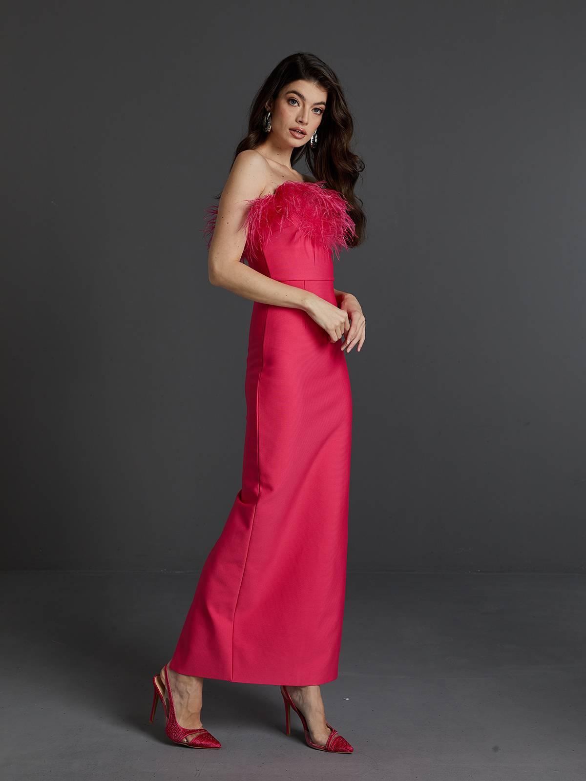 Strapless Feather Trim Bandage Bodycon Maxi Dress