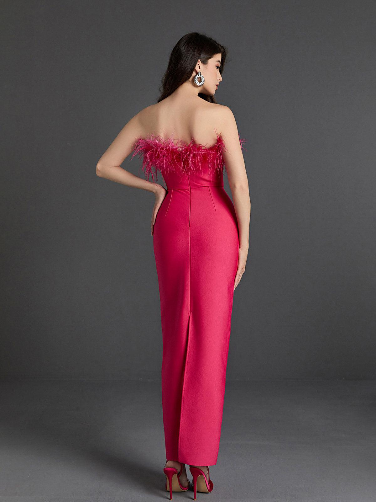 Strapless Feather Trim Bandage Bodycon Maxi Dress