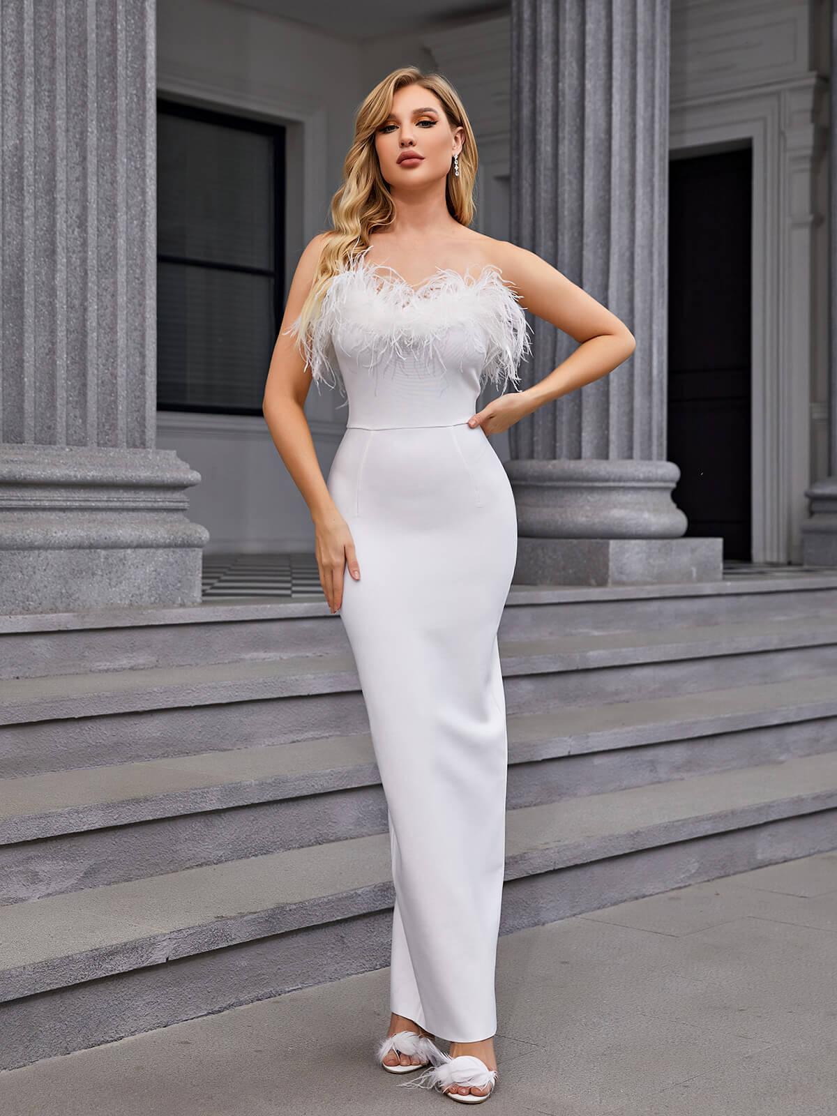 Strapless Feather Trim Bandage Bodycon Column Maxi Dress 2