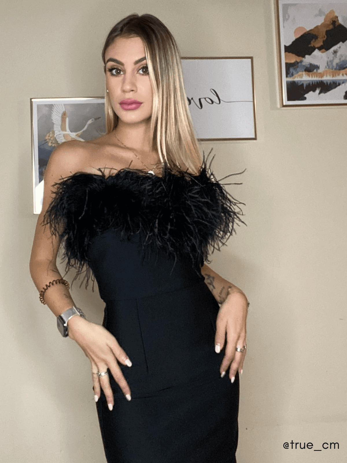 Strapless Feather Trim Bandage Bodycon Maxi Dress