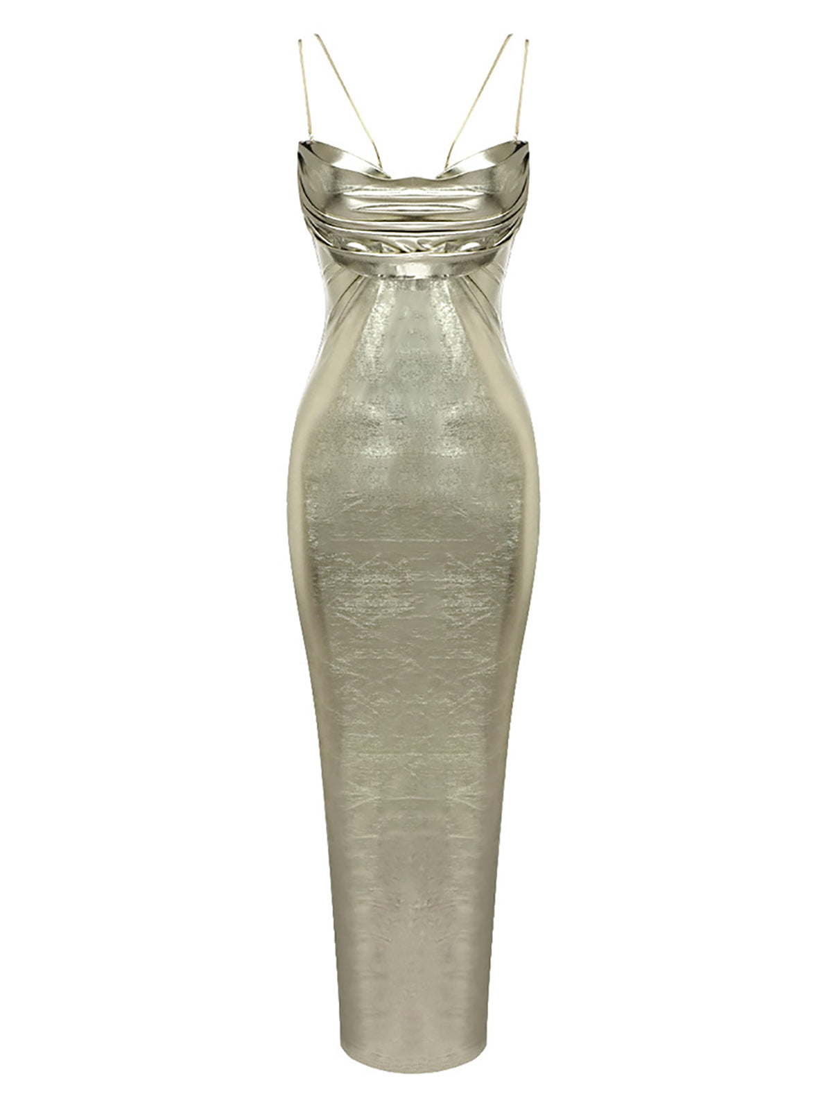 Spaghetti Strap Cowl Neck Metallic Bodycon Maxi Dress 6