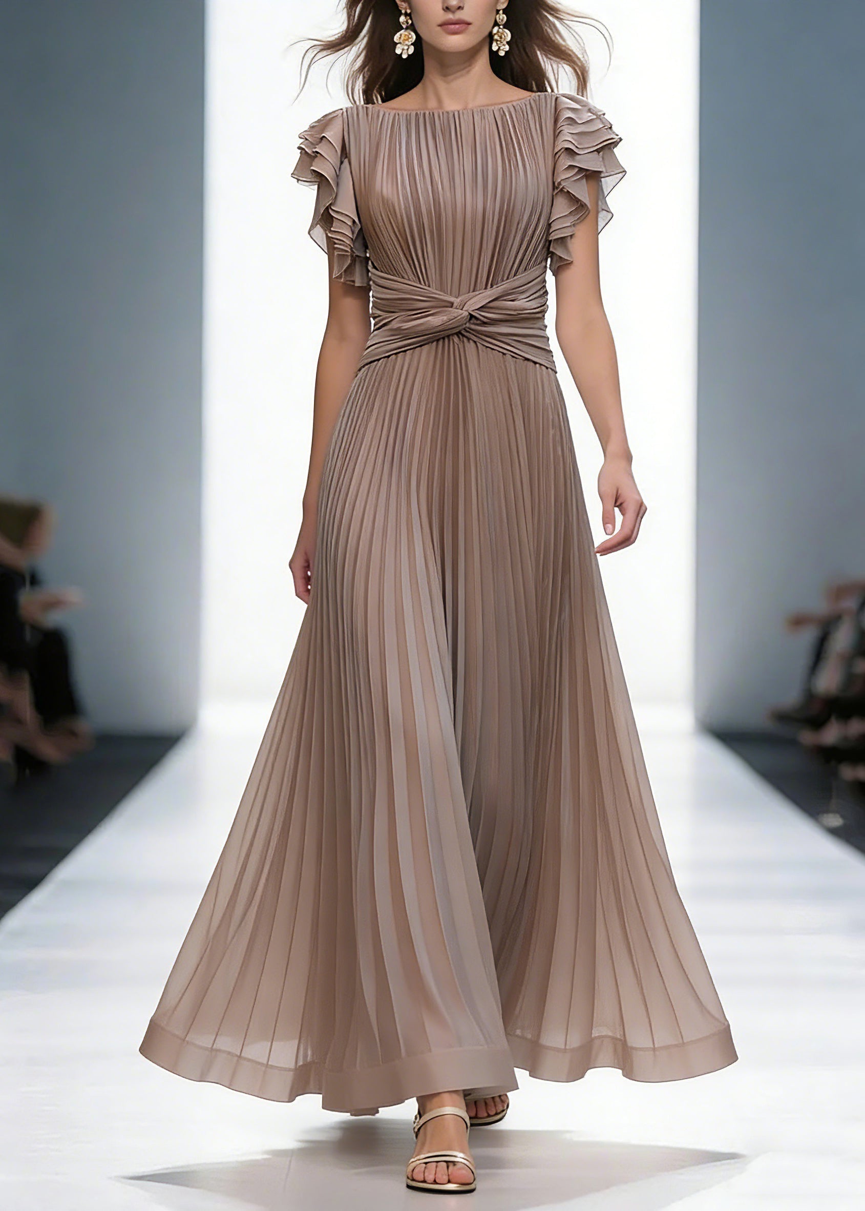 Mocha Elegant Queen Pleated Ruffle Sleeve Cross Waist Maxi Dress