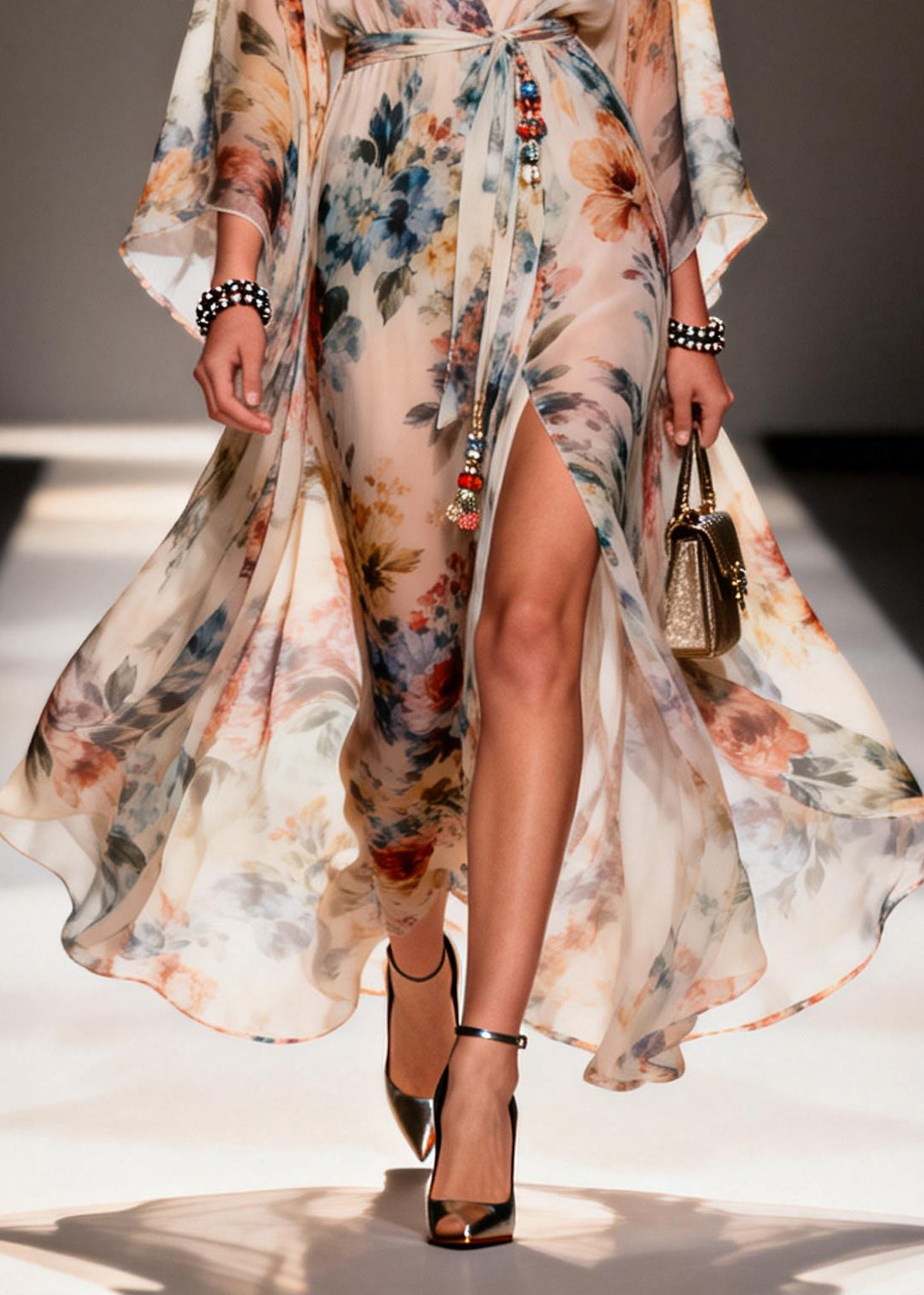 Modern Apricot Print Side Open Chiffon Tunic Dress Summer