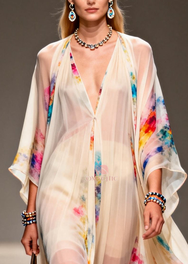 Modern Apricot V Neck Print Chiffon Holiday Dress Summer