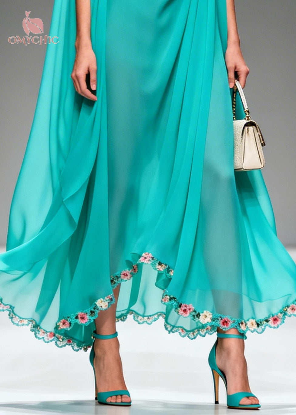 Modern Blue Oversized Wrinkled Flower Chiffon Long Dress Summer