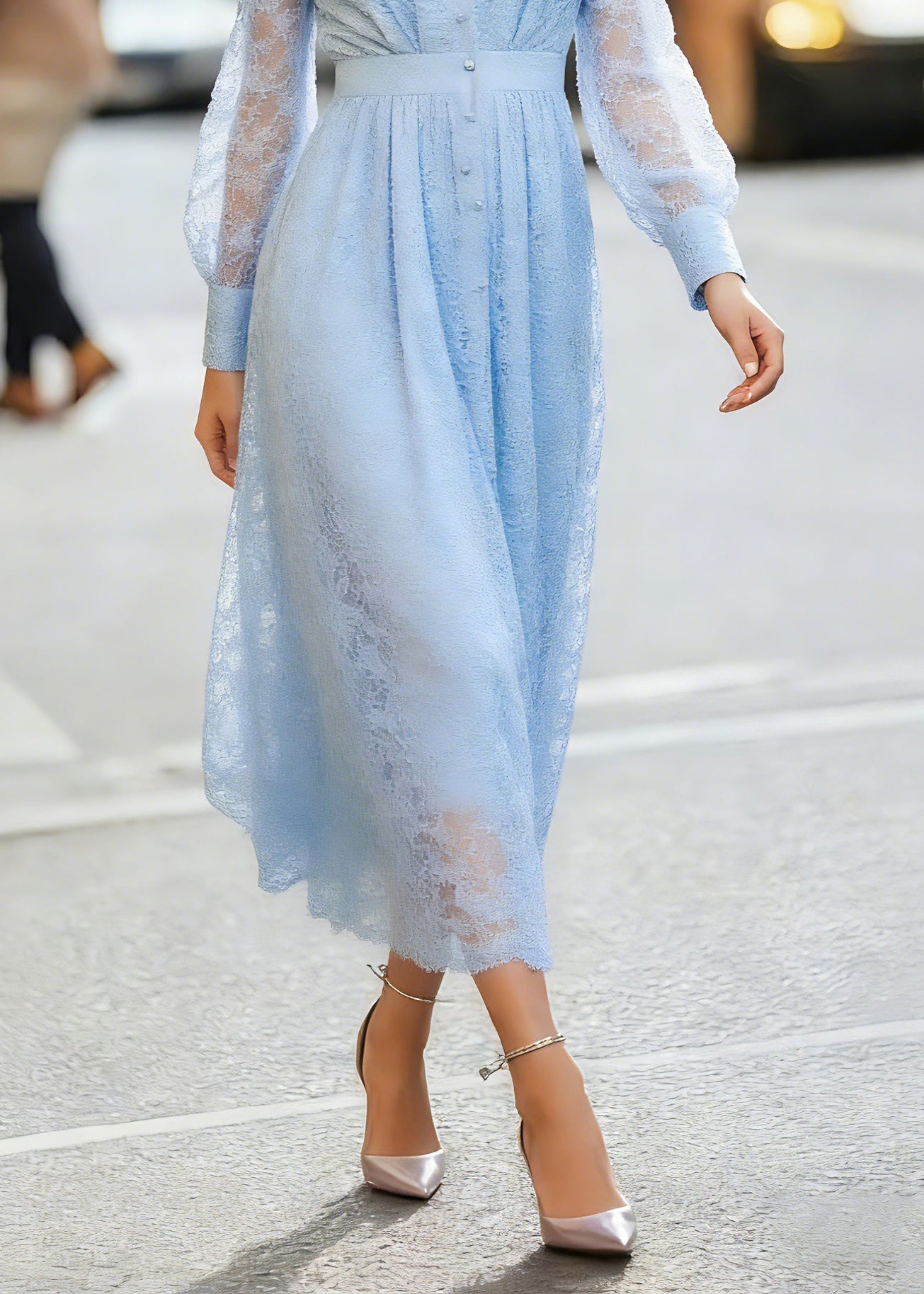 Modern Blue V Neck High Waist Lace Maxi Dress Lantern Sleeve