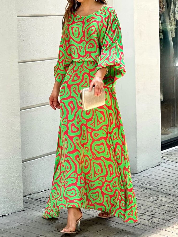 Modern 3/4 Sleeve Print Maxi Dress