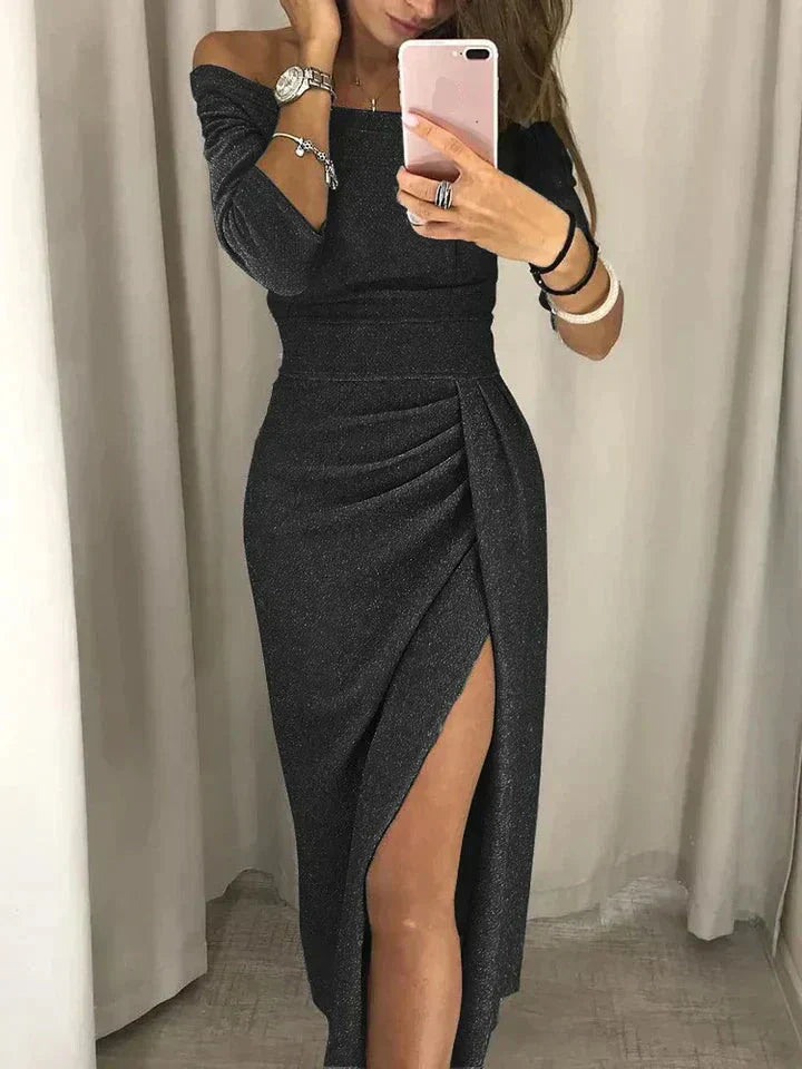 Eva Minimalist Women's Glittery Off the Shoulder Dress Boutique Collection