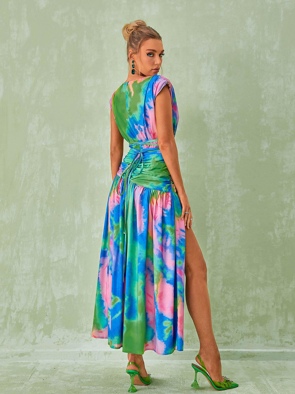 Blue Plunge Neck Tie-Dye Print Ruched Waist A-Line Maxi Dress