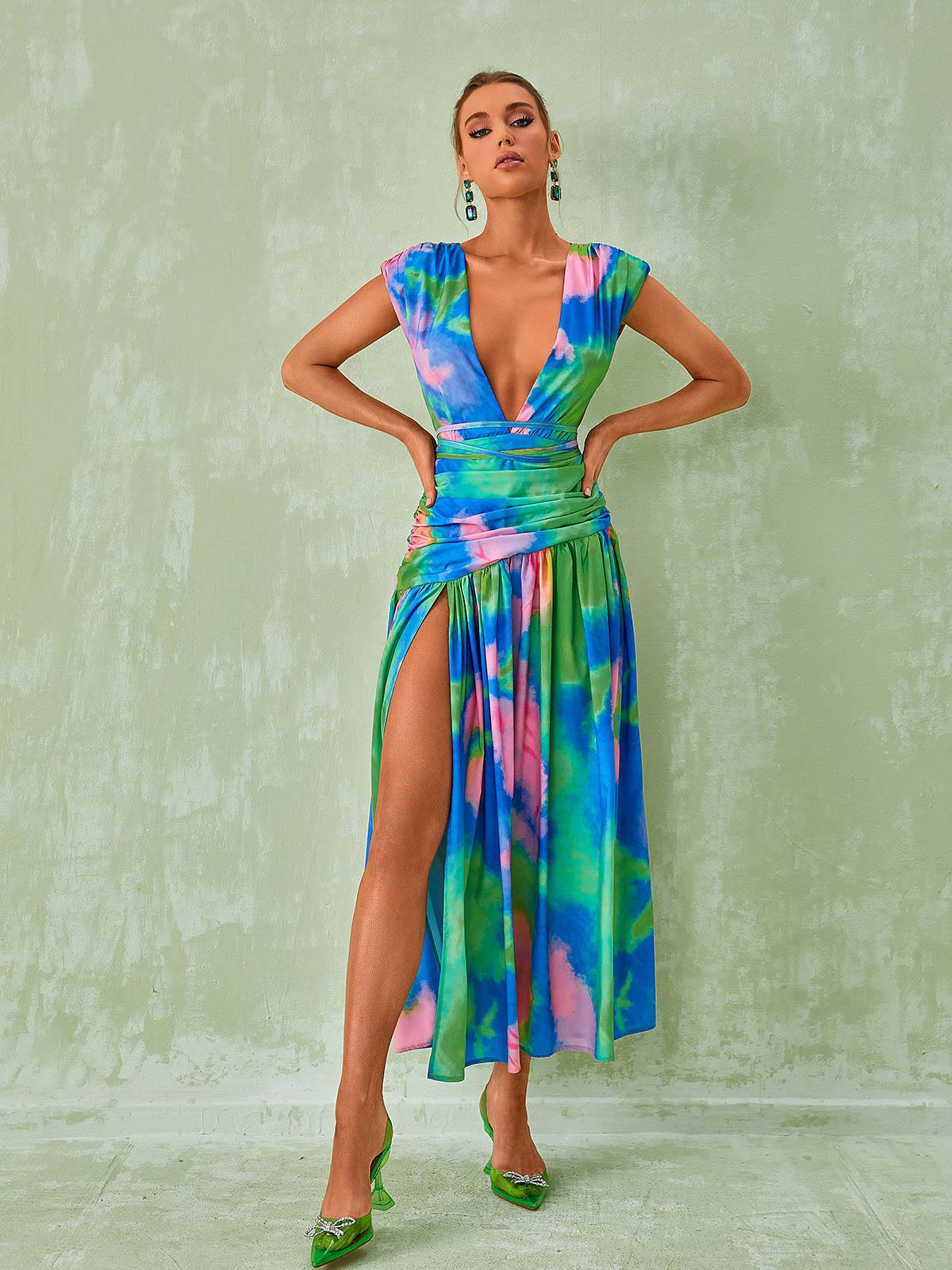 Blue Plunge Neck Tie-Dye Print Ruched Waist A-Line Maxi Dress