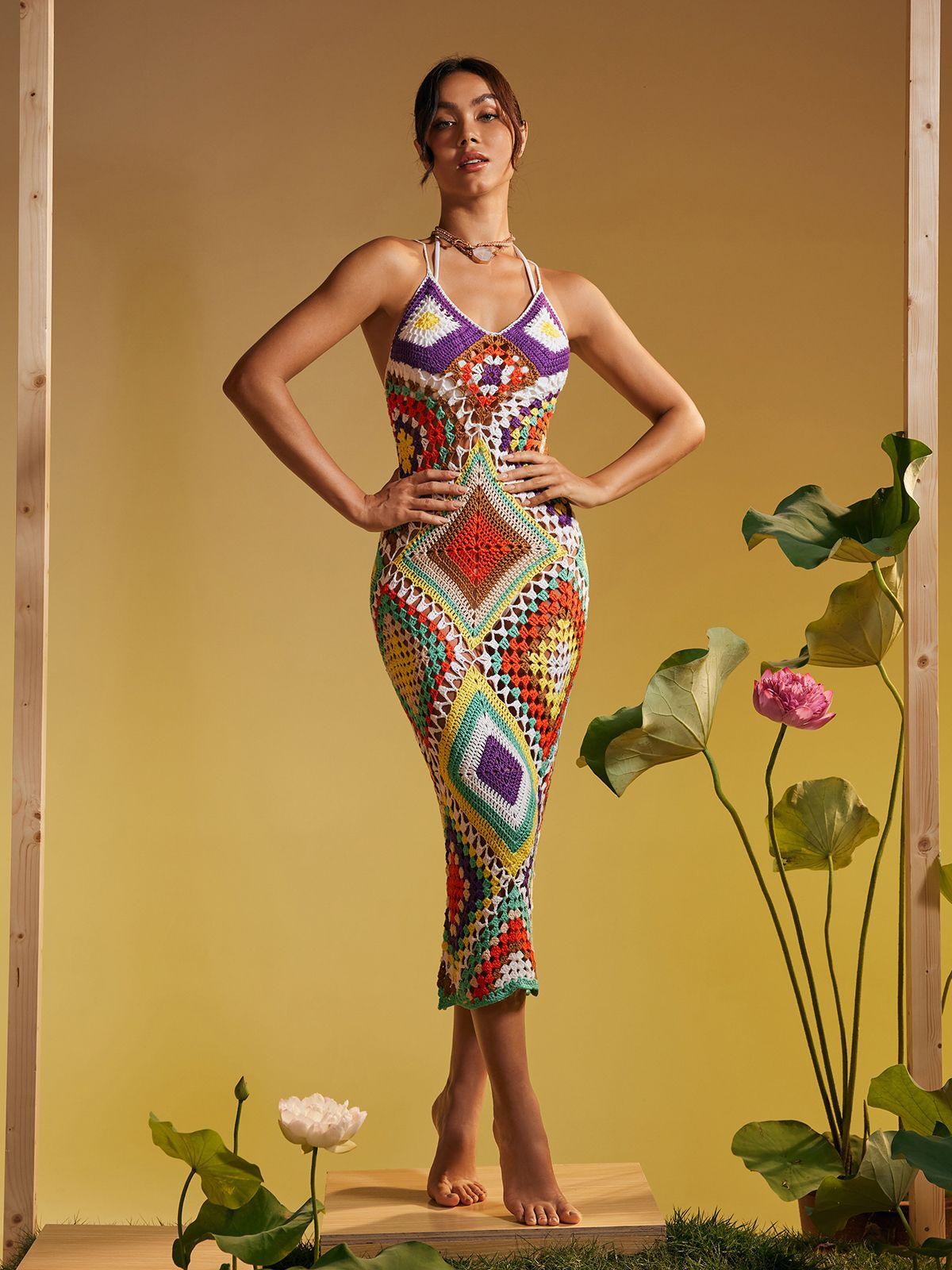 Spaghetti Printed Hollow Knitted Dress