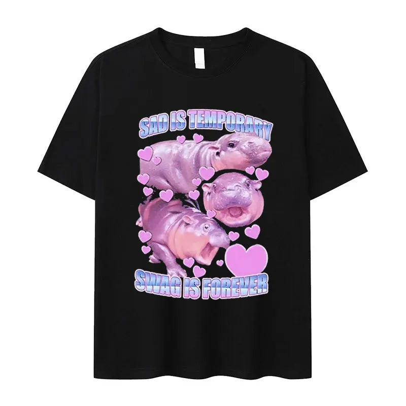 Retro Fashion Cute Baby Hippo Funny Meme Oversized Cotton Men Women TShirt Moo Deng